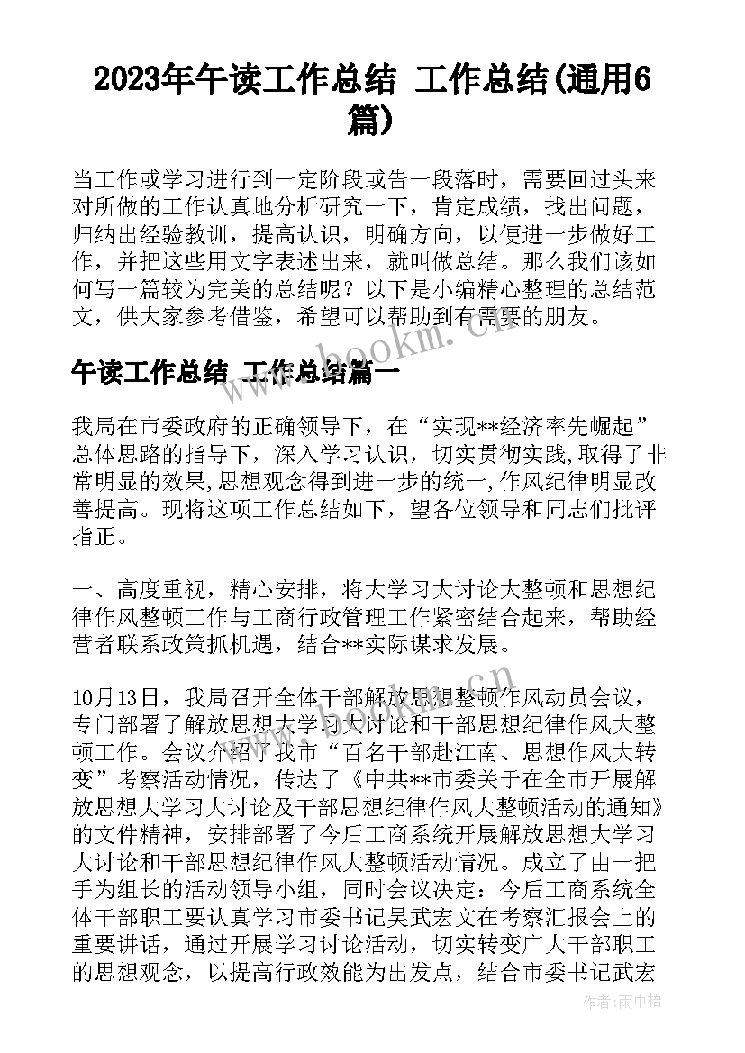 2023年午读工作总结 工作总结(通用6篇)