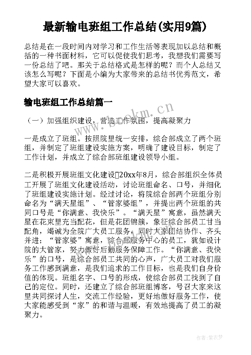 最新输电班组工作总结(实用9篇)