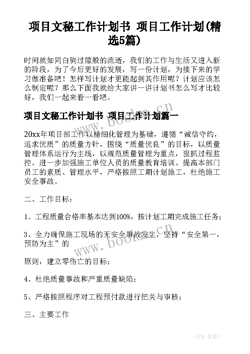 项目文秘工作计划书 项目工作计划(精选5篇)