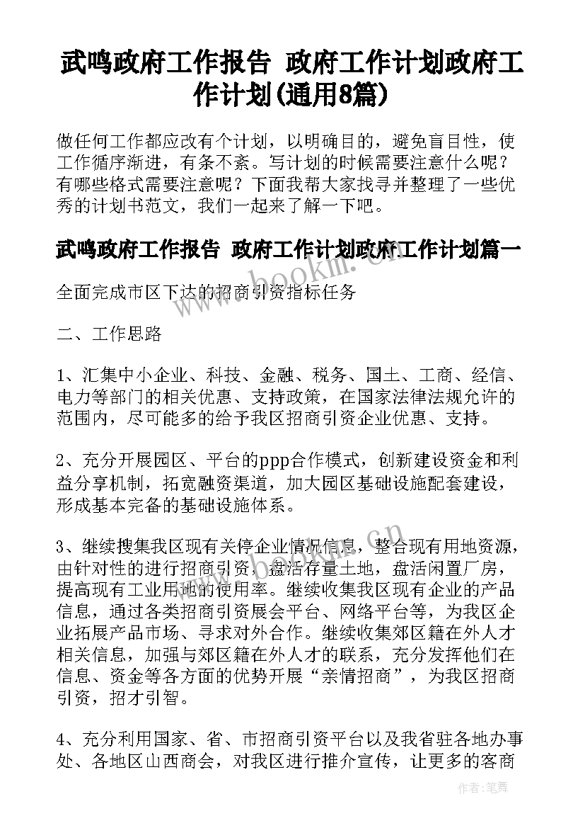 武鸣政府工作报告 政府工作计划政府工作计划(通用8篇)