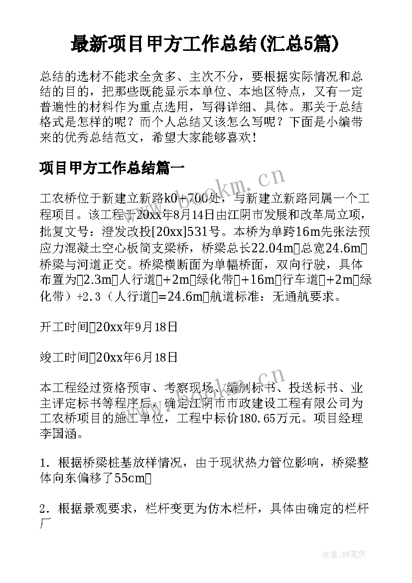 最新项目甲方工作总结(汇总5篇)