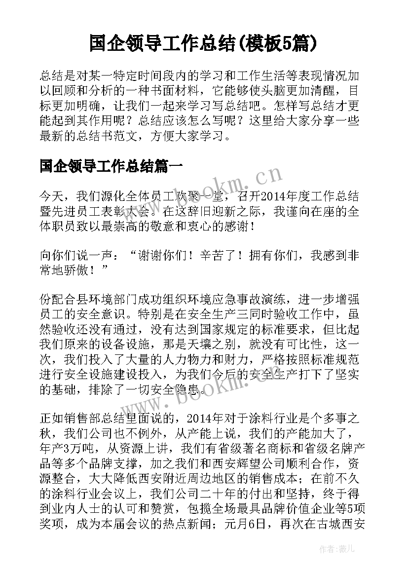 国企领导工作总结(模板5篇)