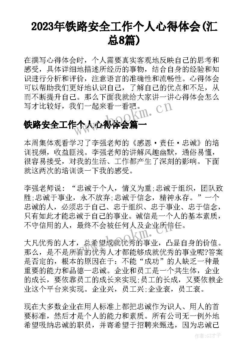 2023年铁路安全工作个人心得体会(汇总8篇)