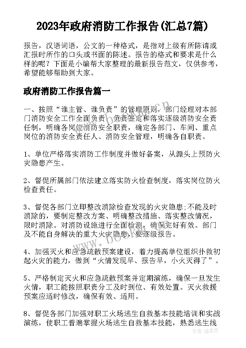 2023年政府消防工作报告(汇总7篇)