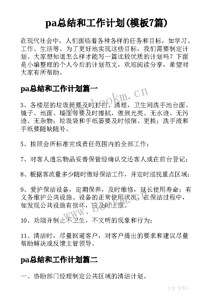 pa总结和工作计划(模板7篇)