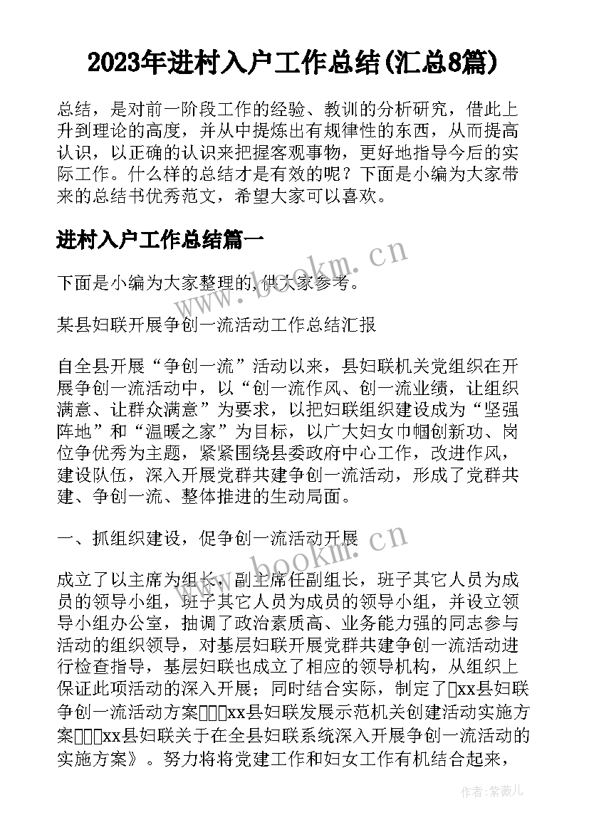 2023年进村入户工作总结(汇总8篇)