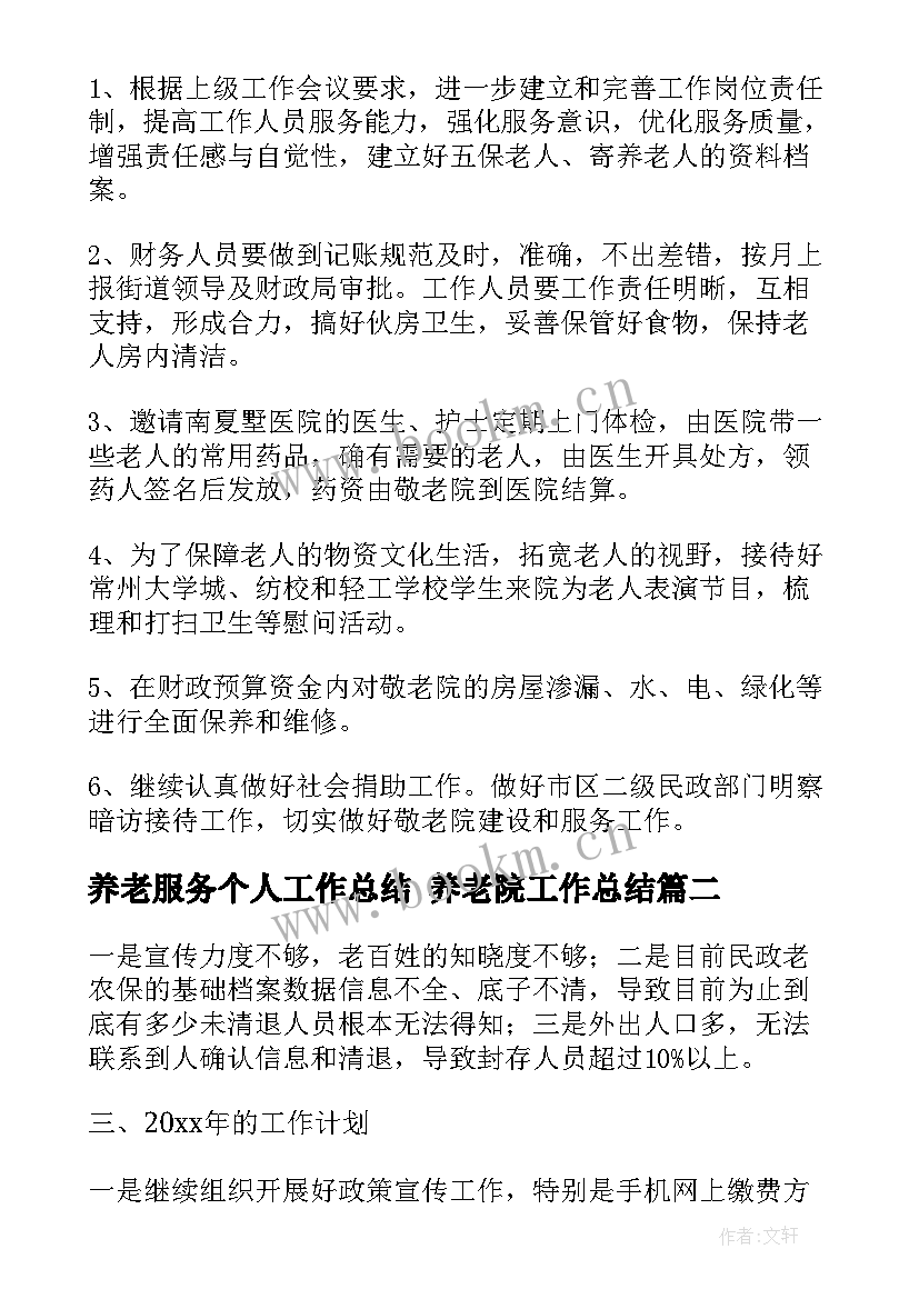 养老服务个人工作总结 养老院工作总结(模板6篇)