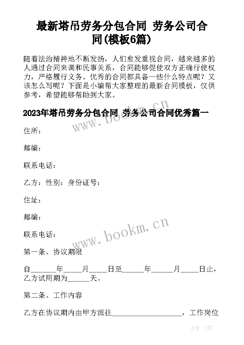 最新塔吊劳务分包合同 劳务公司合同(模板6篇)