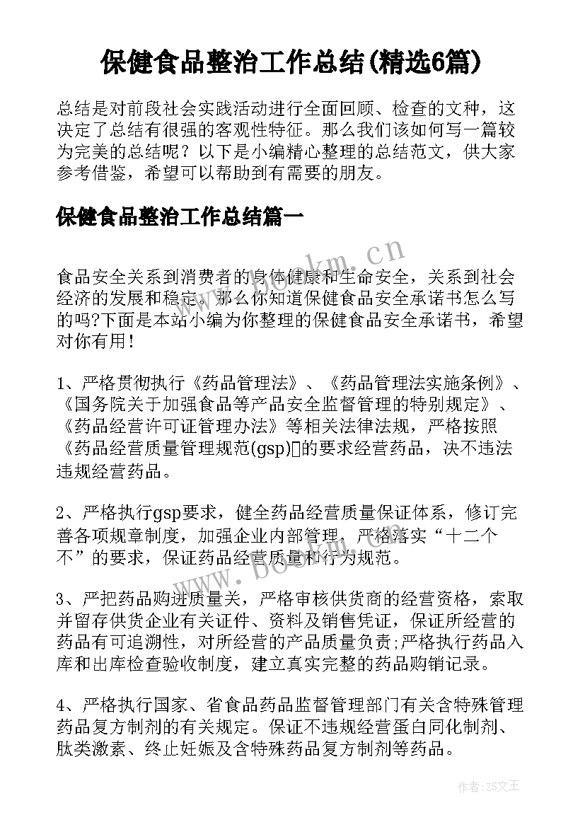 保健食品整治工作总结(精选6篇)