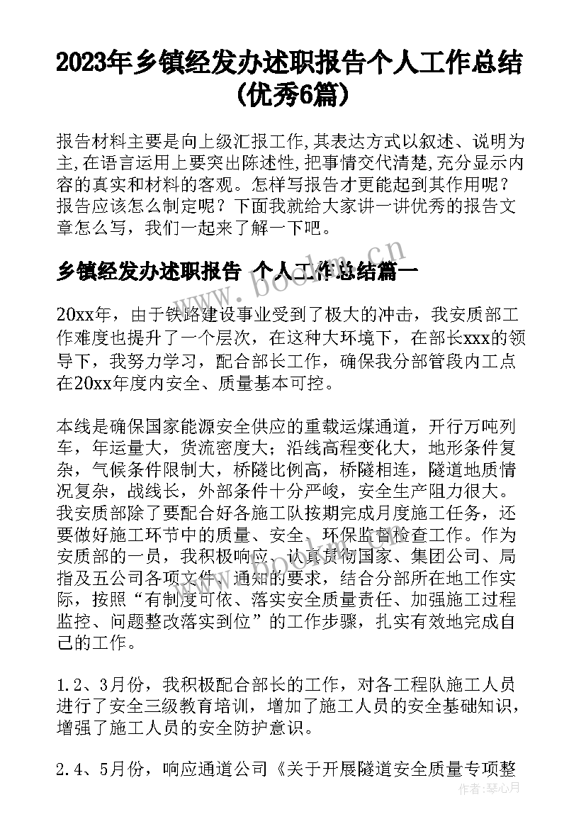 2023年乡镇经发办述职报告 个人工作总结(优秀6篇)