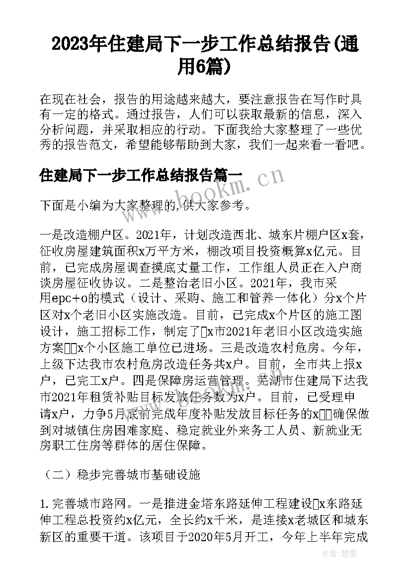 2023年住建局下一步工作总结报告(通用6篇)