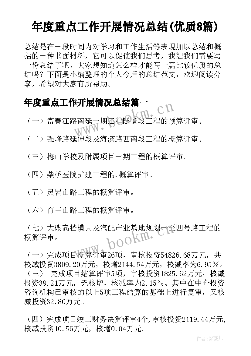 年度重点工作开展情况总结(优质8篇)