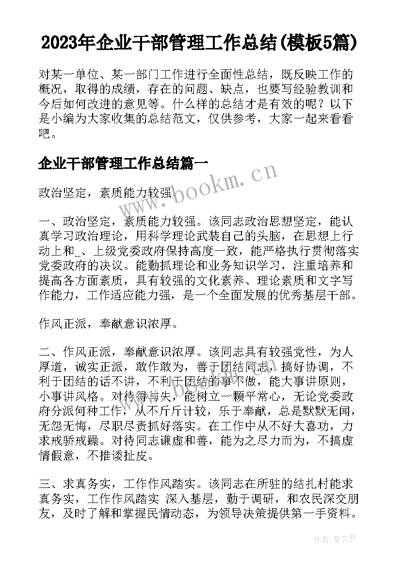 2023年企业干部管理工作总结(模板5篇)