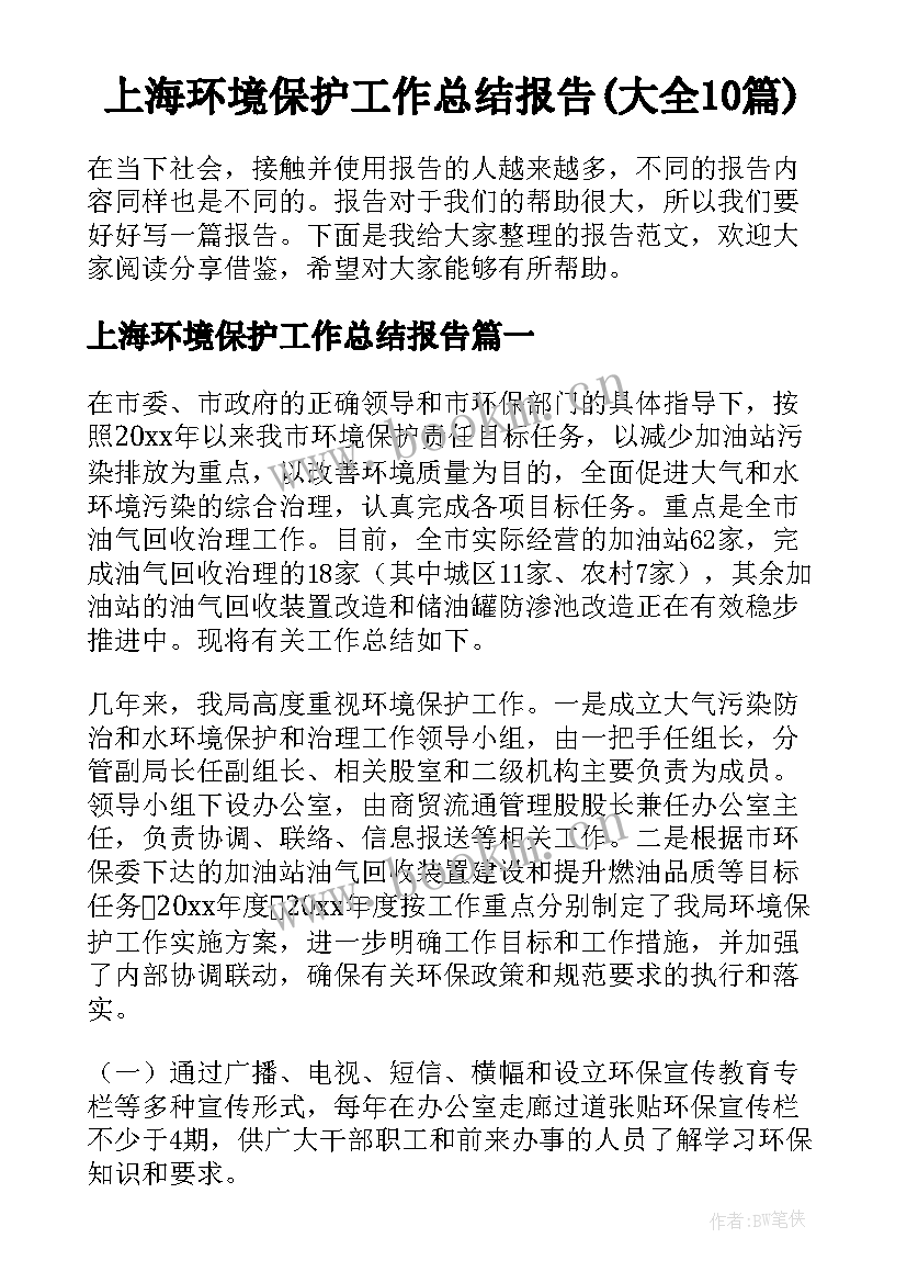 上海环境保护工作总结报告(大全10篇)