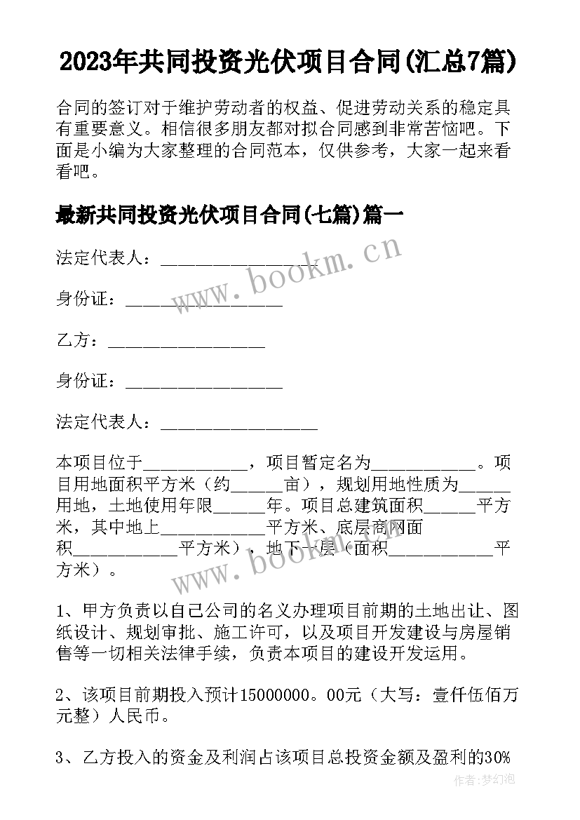 2023年共同投资光伏项目合同(汇总7篇)