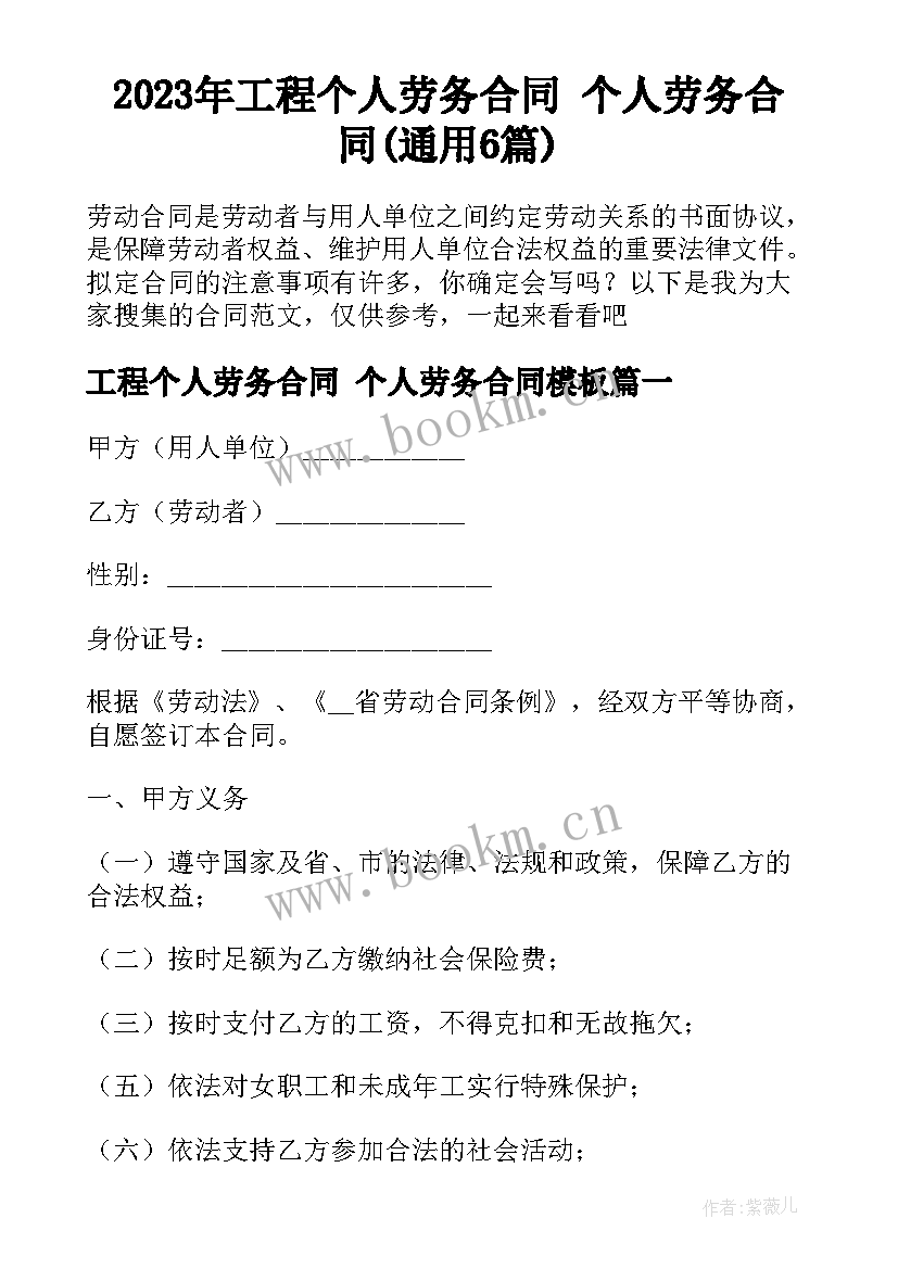 2023年工程个人劳务合同 个人劳务合同(通用6篇)