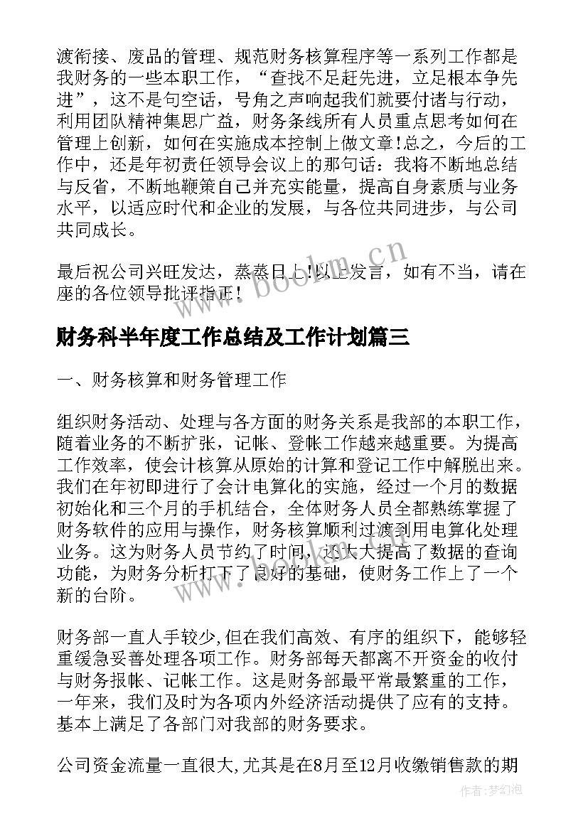 财务科半年度工作总结及工作计划(通用5篇)