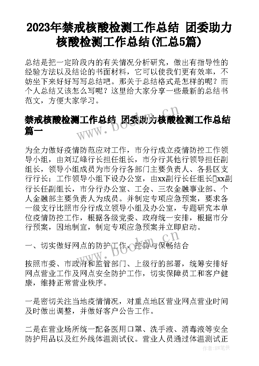 2023年禁戒核酸检测工作总结 团委助力核酸检测工作总结(汇总5篇)