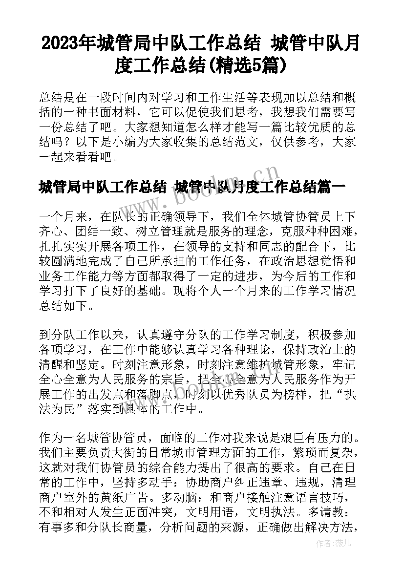 2023年城管局中队工作总结 城管中队月度工作总结(精选5篇)