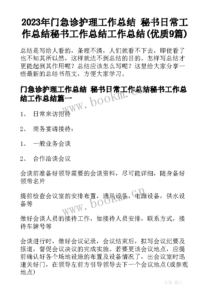 2023年门急诊护理工作总结 秘书日常工作总结秘书工作总结工作总结(优质9篇)