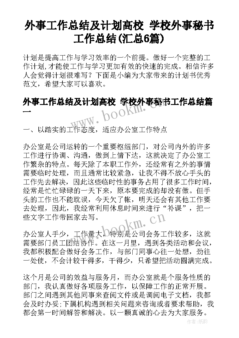 外事工作总结及计划高校 学校外事秘书工作总结(汇总6篇)