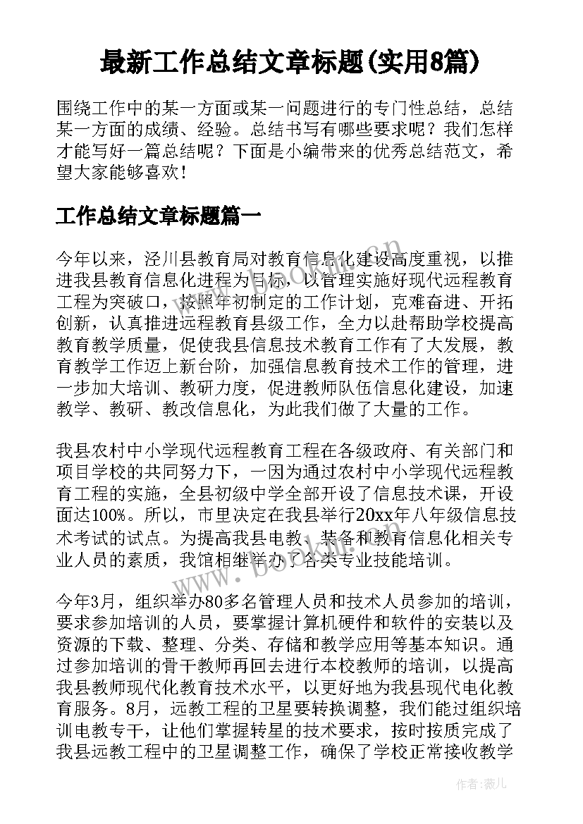 最新工作总结文章标题(实用8篇)