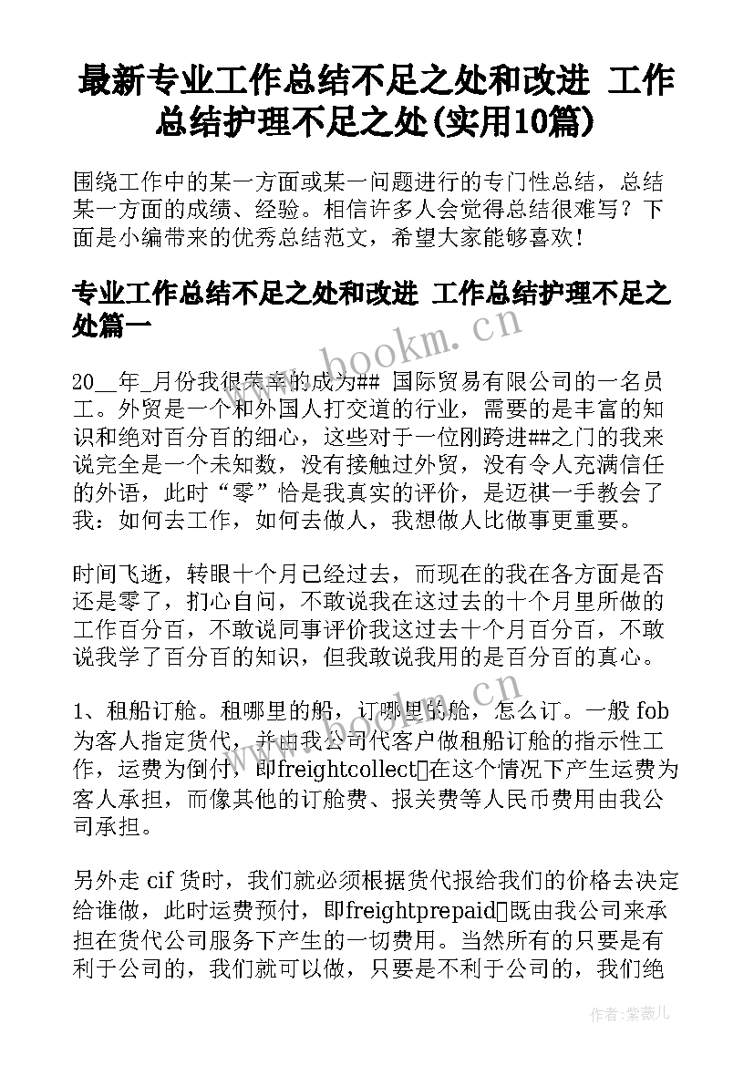 最新专业工作总结不足之处和改进 工作总结护理不足之处(实用10篇)