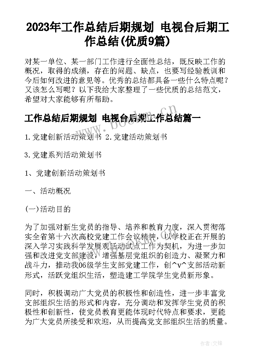 2023年工作总结后期规划 电视台后期工作总结(优质9篇)