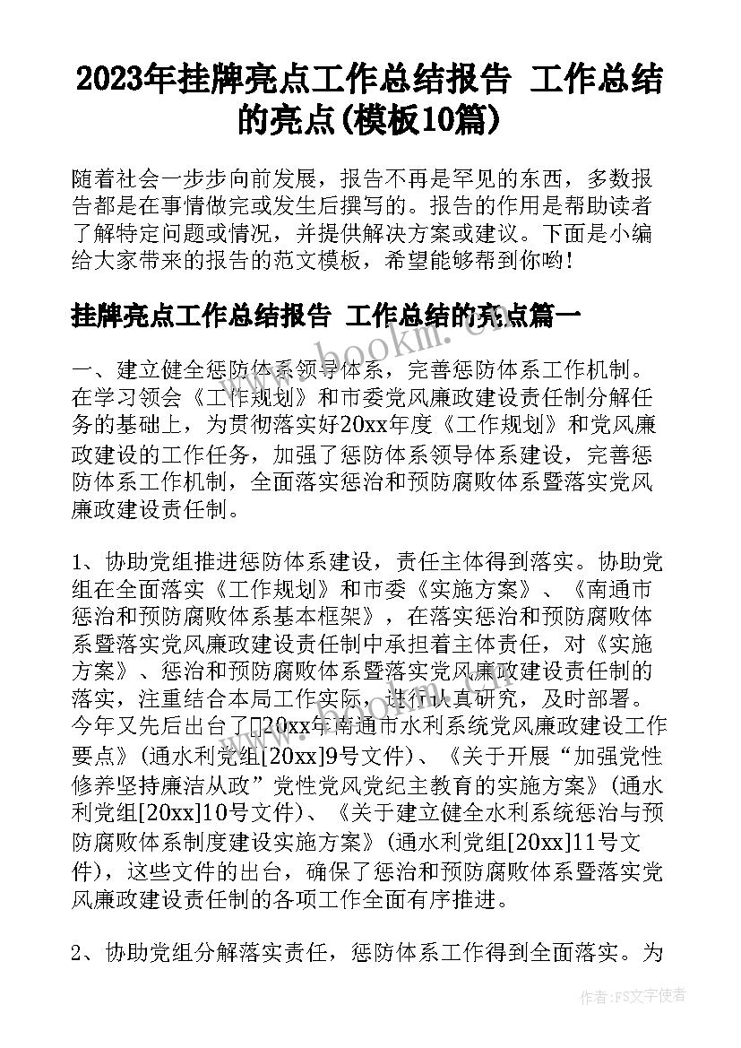 2023年挂牌亮点工作总结报告 工作总结的亮点(模板10篇)