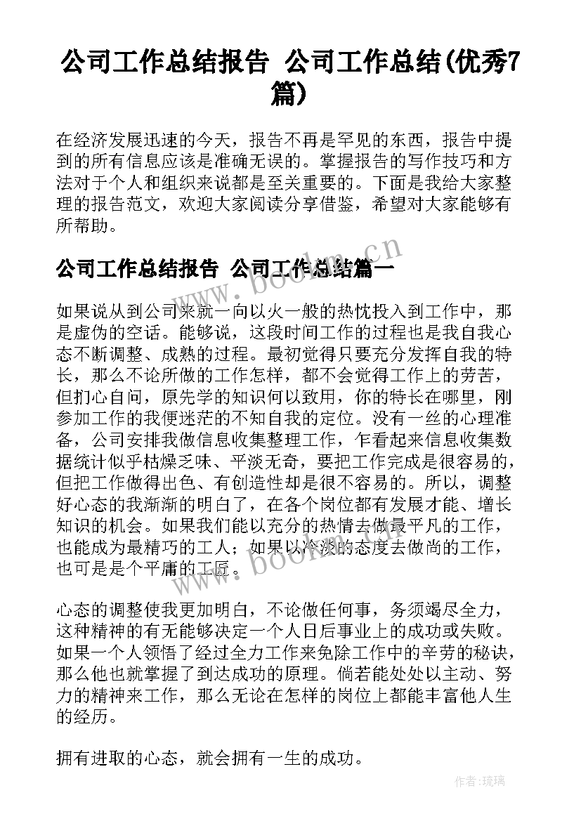 公司工作总结报告 公司工作总结(优秀7篇)