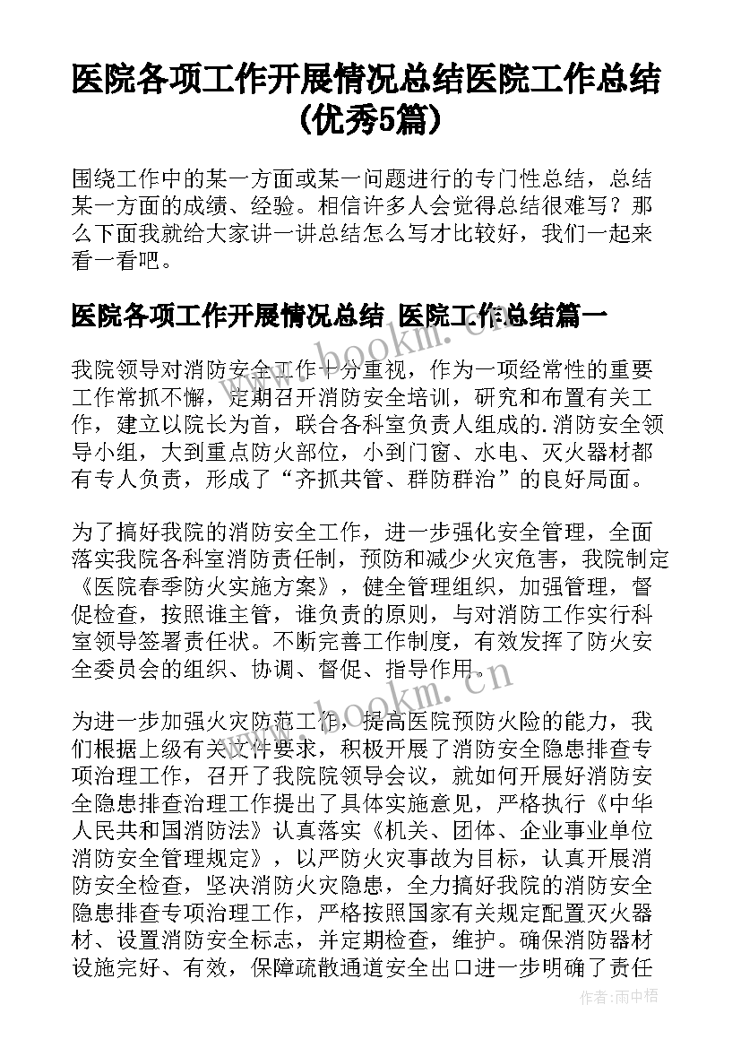 医院各项工作开展情况总结 医院工作总结(优秀5篇)