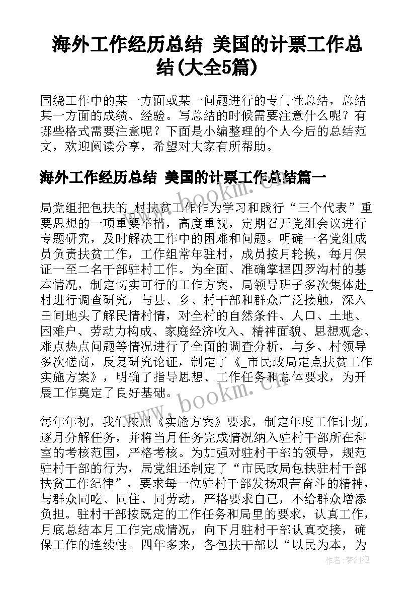 海外工作经历总结 美国的计票工作总结(大全5篇)