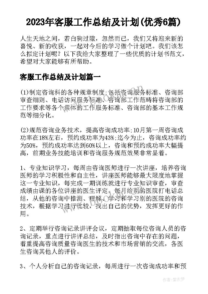 2023年客服工作总结及计划(优秀6篇)