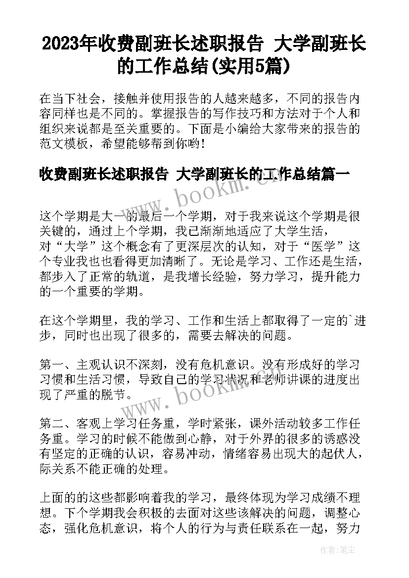 2023年收费副班长述职报告 大学副班长的工作总结(实用5篇)