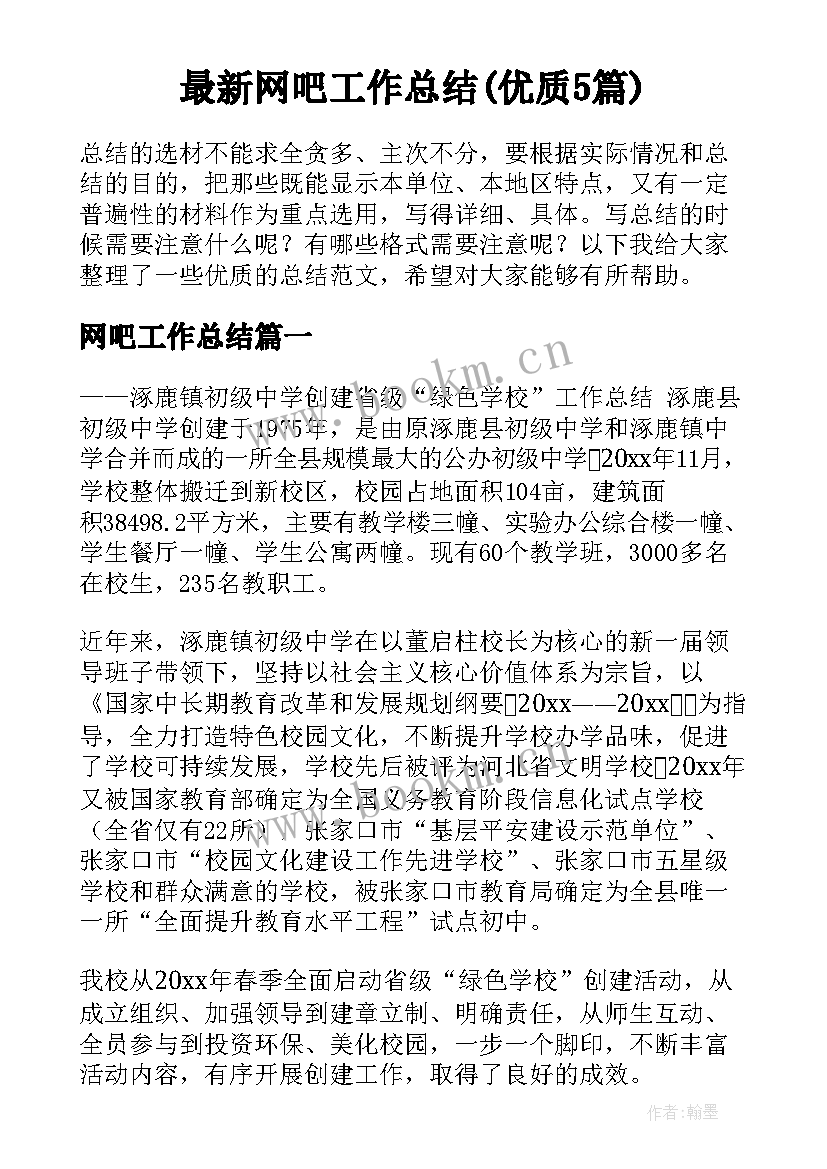 最新网吧工作总结(优质5篇)