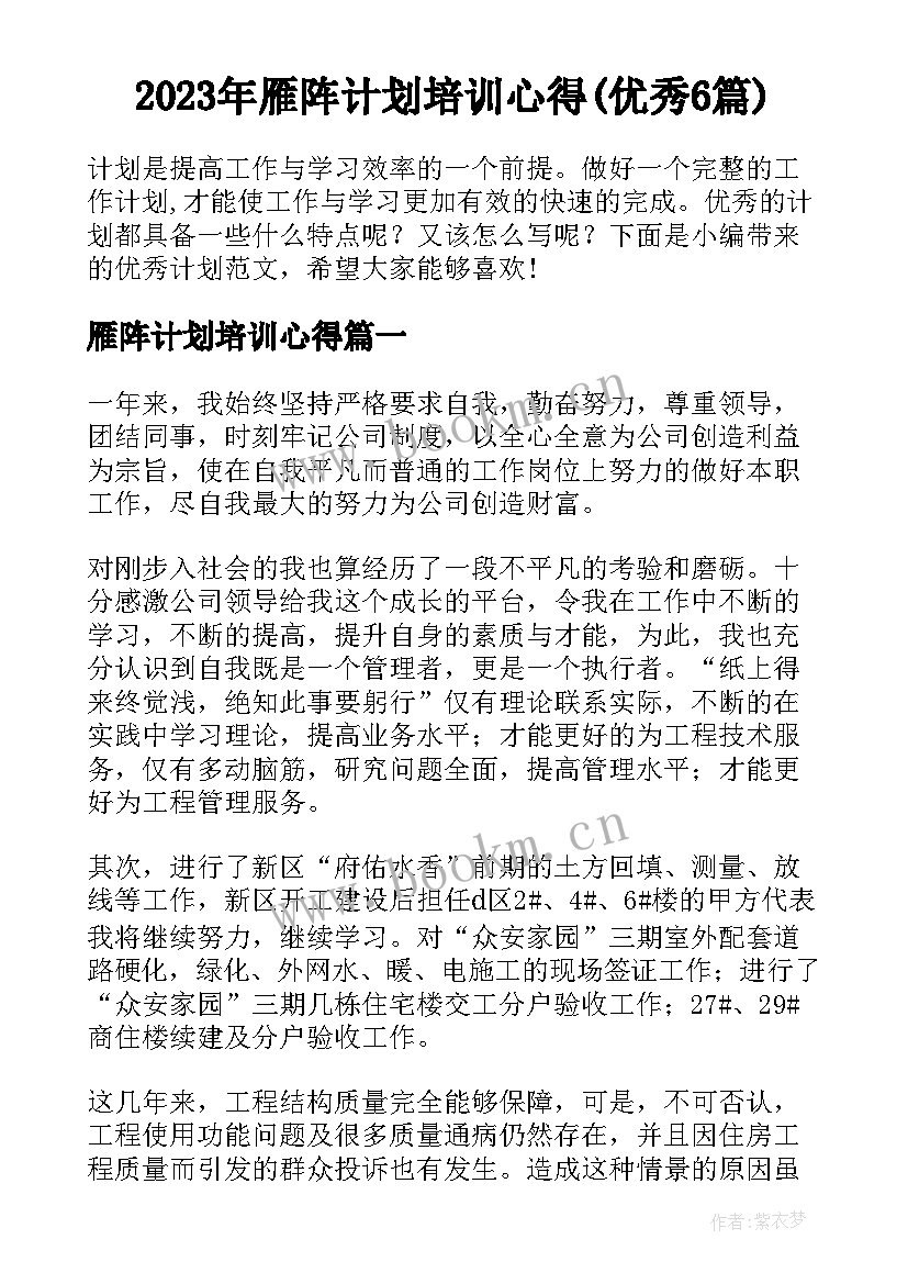 2023年雁阵计划培训心得(优秀6篇)