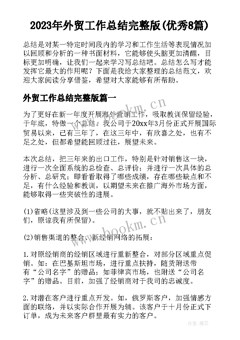 2023年外贸工作总结完整版(优秀8篇)