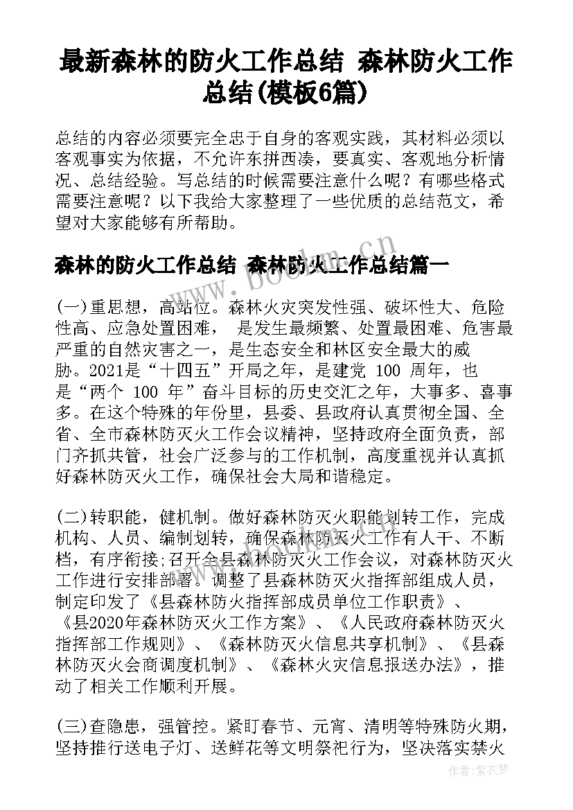 最新森林的防火工作总结 森林防火工作总结(模板6篇)