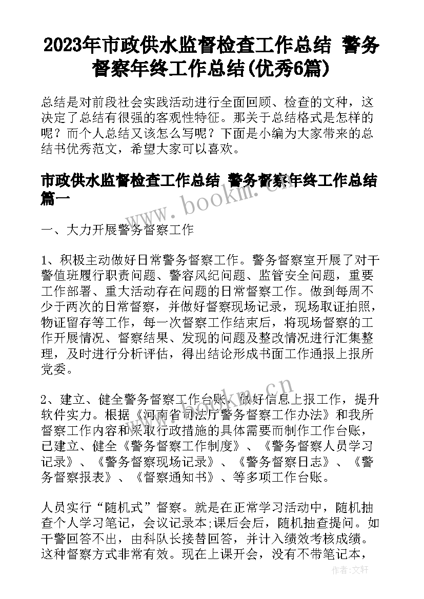 2023年市政供水监督检查工作总结 警务督察年终工作总结(优秀6篇)