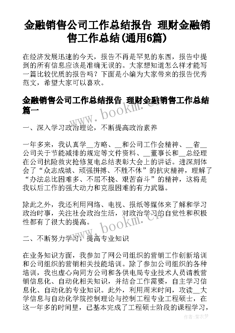 金融销售公司工作总结报告 理财金融销售工作总结(通用6篇)