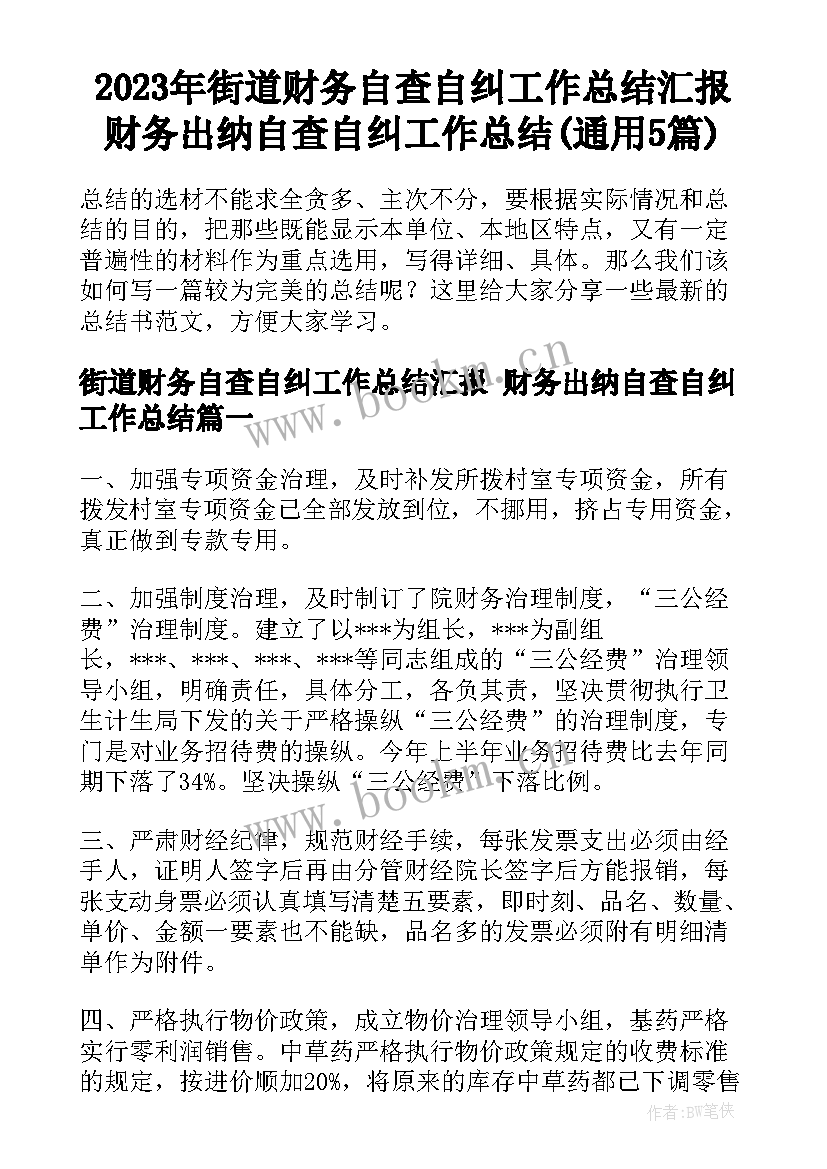 2023年街道财务自查自纠工作总结汇报 财务出纳自查自纠工作总结(通用5篇)