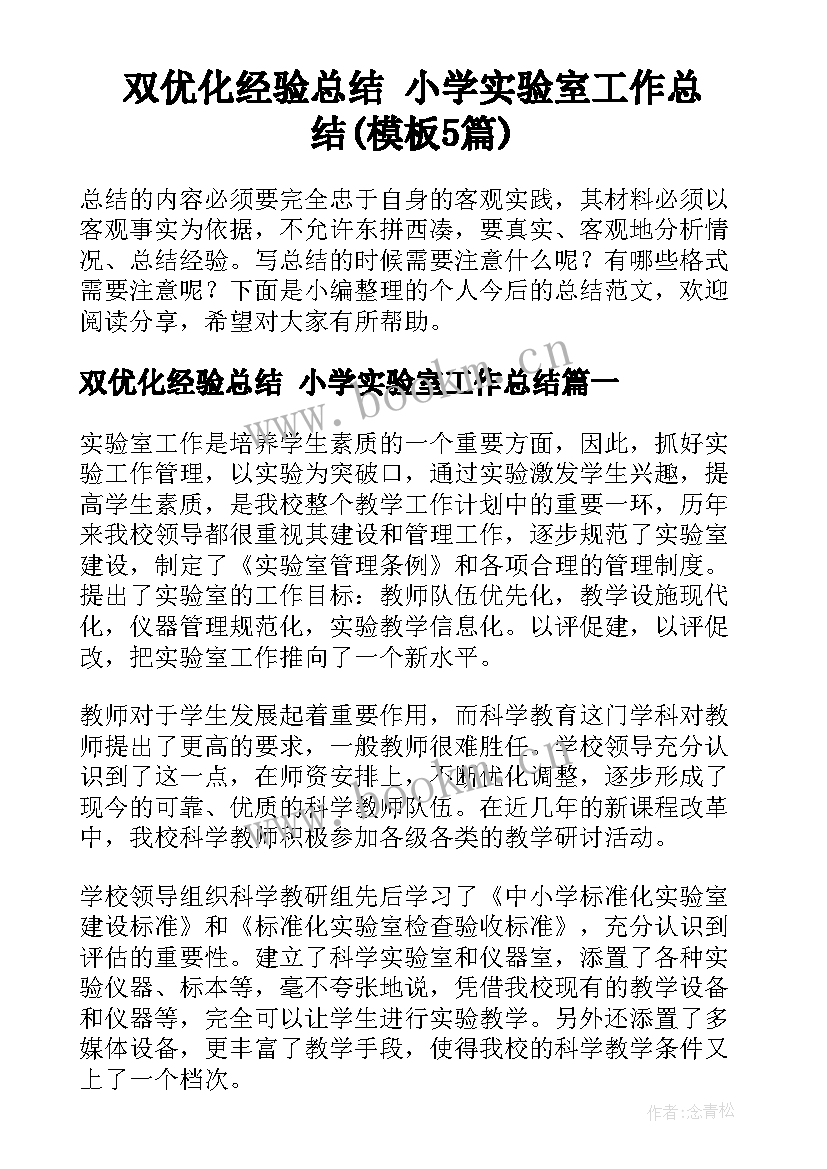 双优化经验总结 小学实验室工作总结(模板5篇)