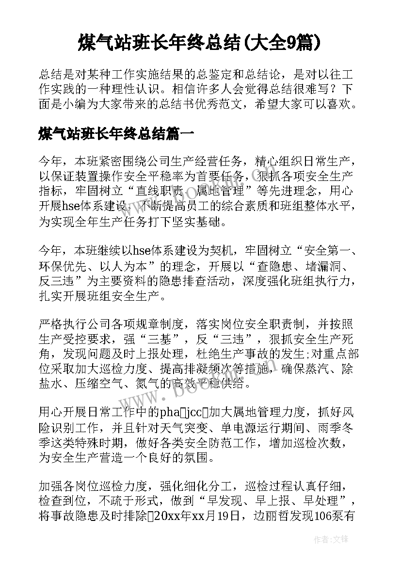 煤气站班长年终总结(大全9篇)