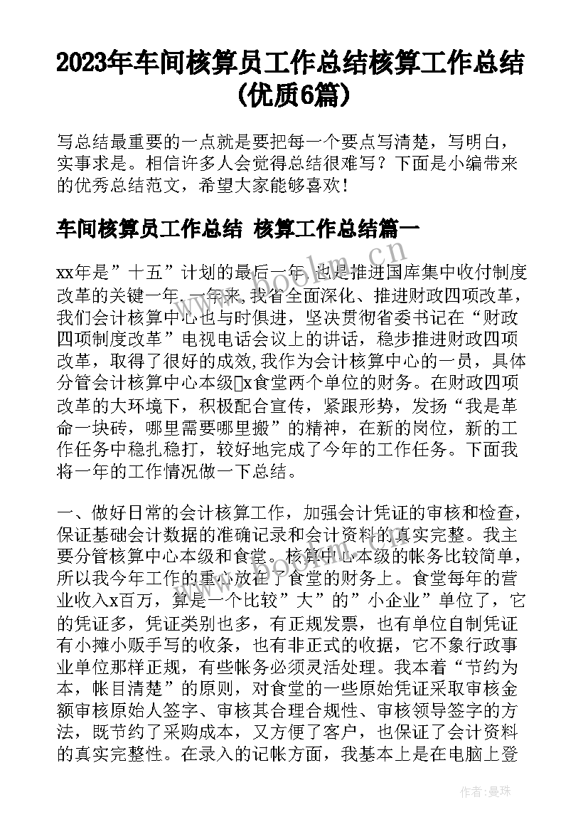 2023年车间核算员工作总结 核算工作总结(优质6篇)