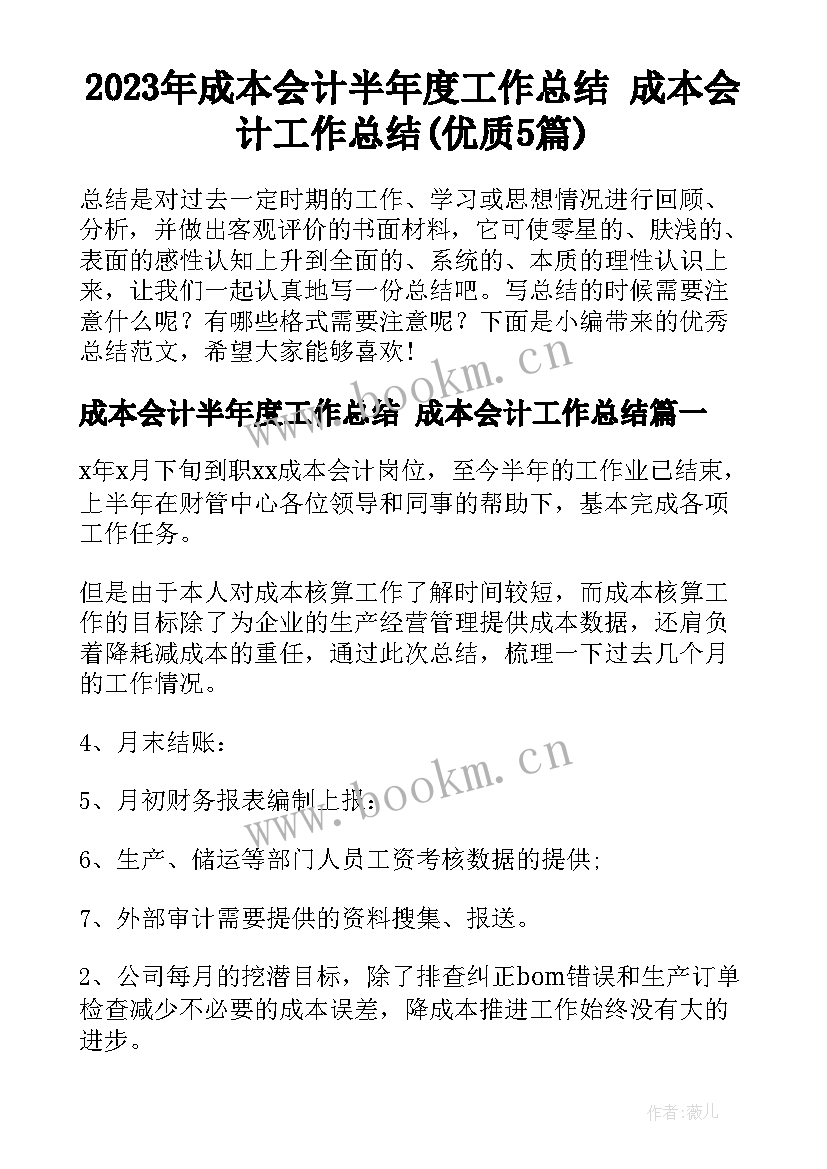 2023年成本会计半年度工作总结 成本会计工作总结(优质5篇)