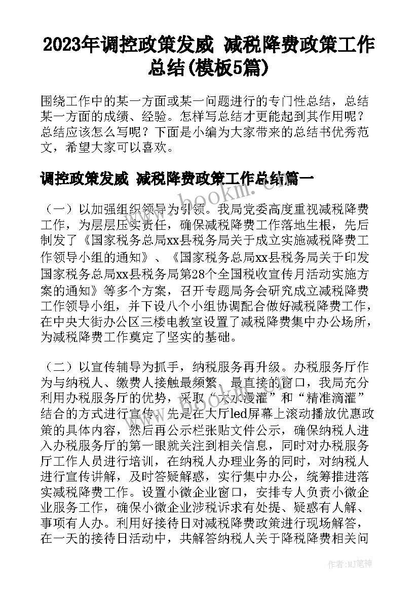 2023年调控政策发威 减税降费政策工作总结(模板5篇)