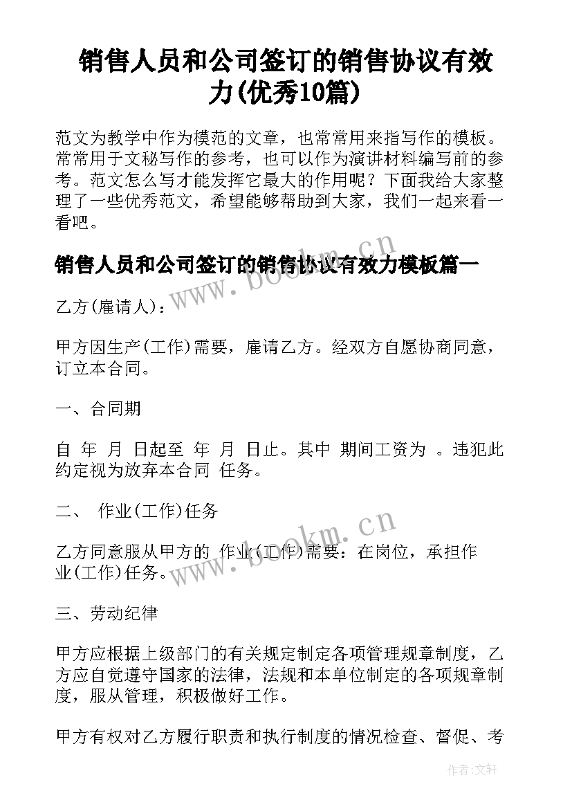 销售人员和公司签订的销售协议有效力(优秀10篇)