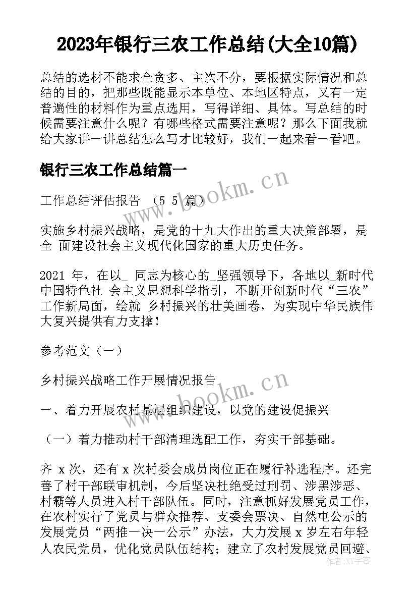 2023年银行三农工作总结(大全10篇)