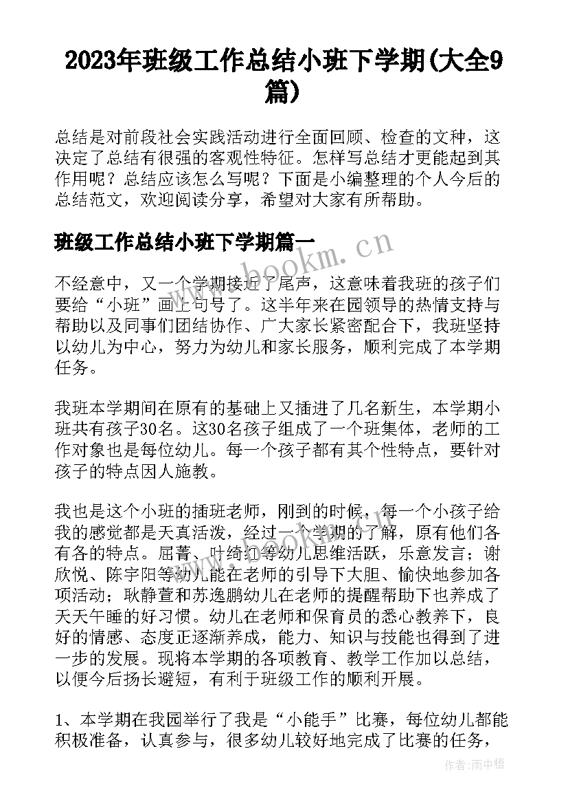 2023年班级工作总结小班下学期(大全9篇)