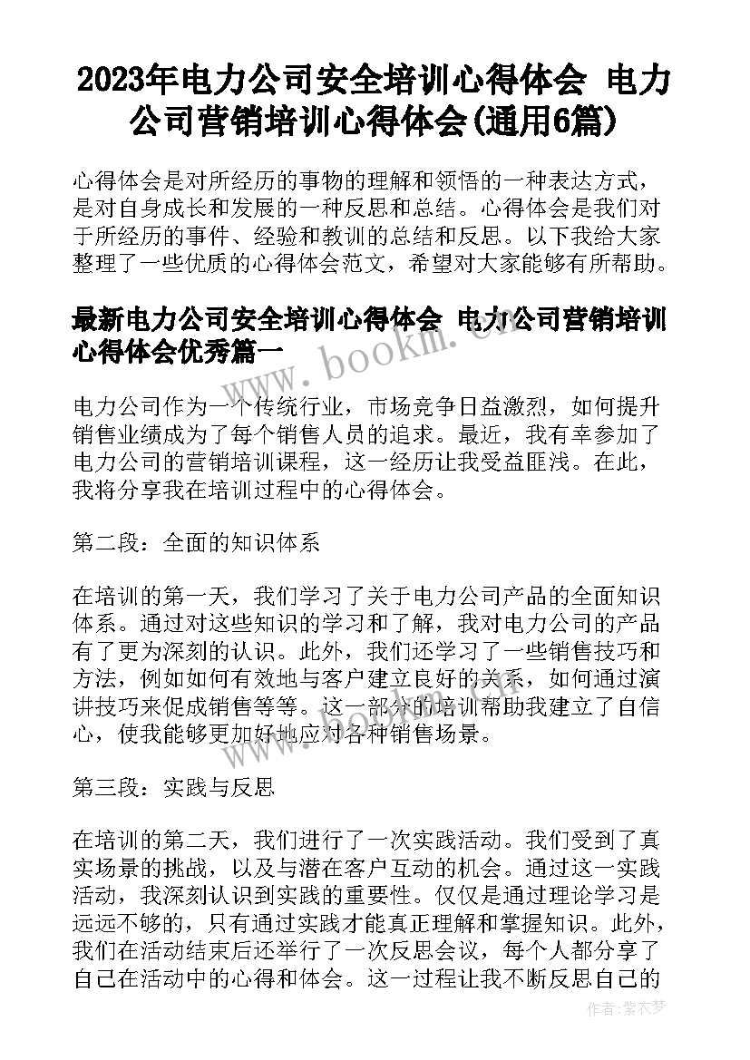 2023年电力公司安全培训心得体会 电力公司营销培训心得体会(通用6篇)